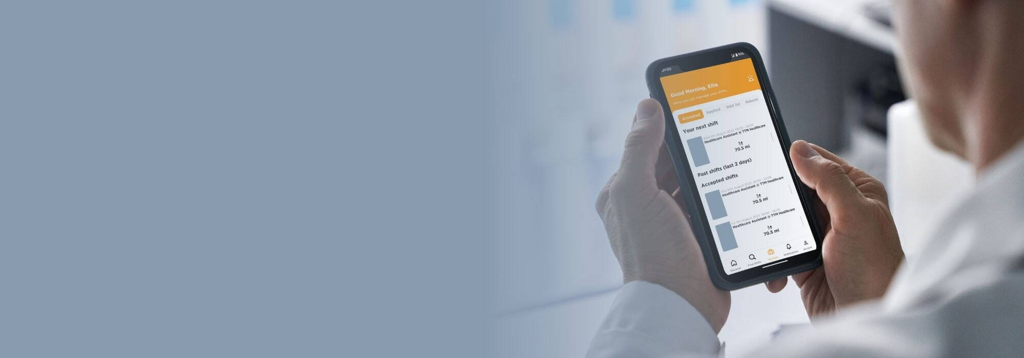 Healthcare professional using TTM's candidate app Rota, showing shift management feature
